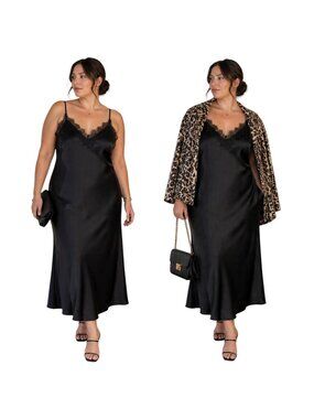 LOFT Black Satin Slip Midi Dress Lace Trim Romantic Minimalist Quiet‎ Luxury 16P
